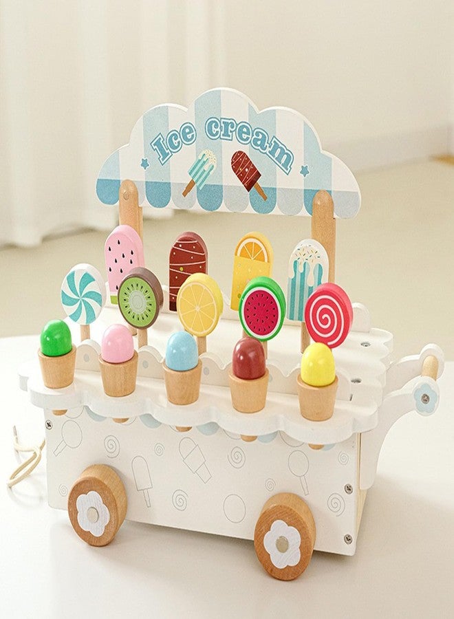 BLiSS HUES Wooden Ice Cream Cart- Wooden Colourful Ice Cream & Popsicle Toy Playset for Kids Toys for 3 4 Year Old Girls Boys Birthday Gift, Wooden Toys for Baby- White Cart - Image 1